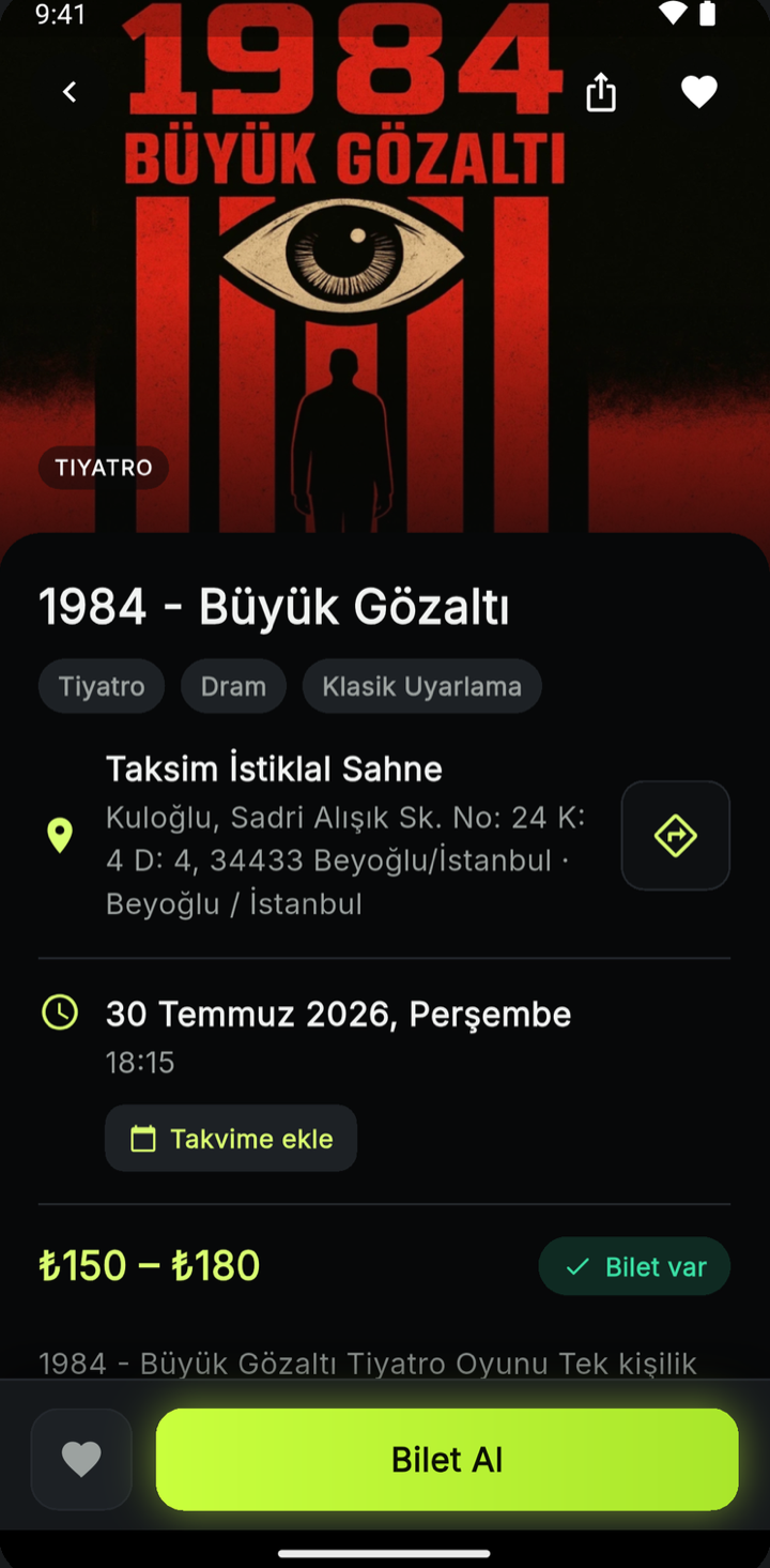 Uygulamadaki etkinlik detay ekranı: afiş, mekan adresi, tarih, fiyat aralığı ve Bilet Al düğmesi.